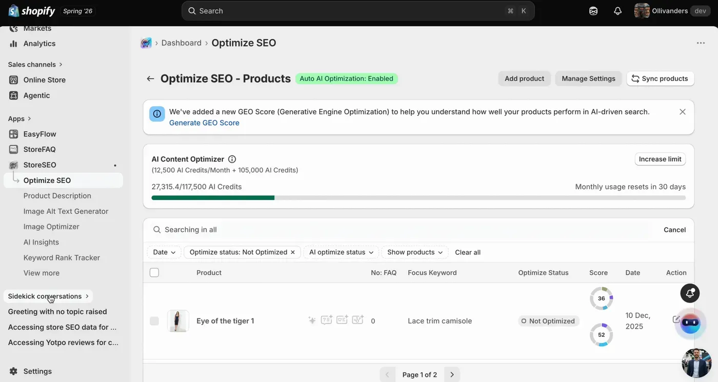 Use StoreSEO with Shopify Sidekick